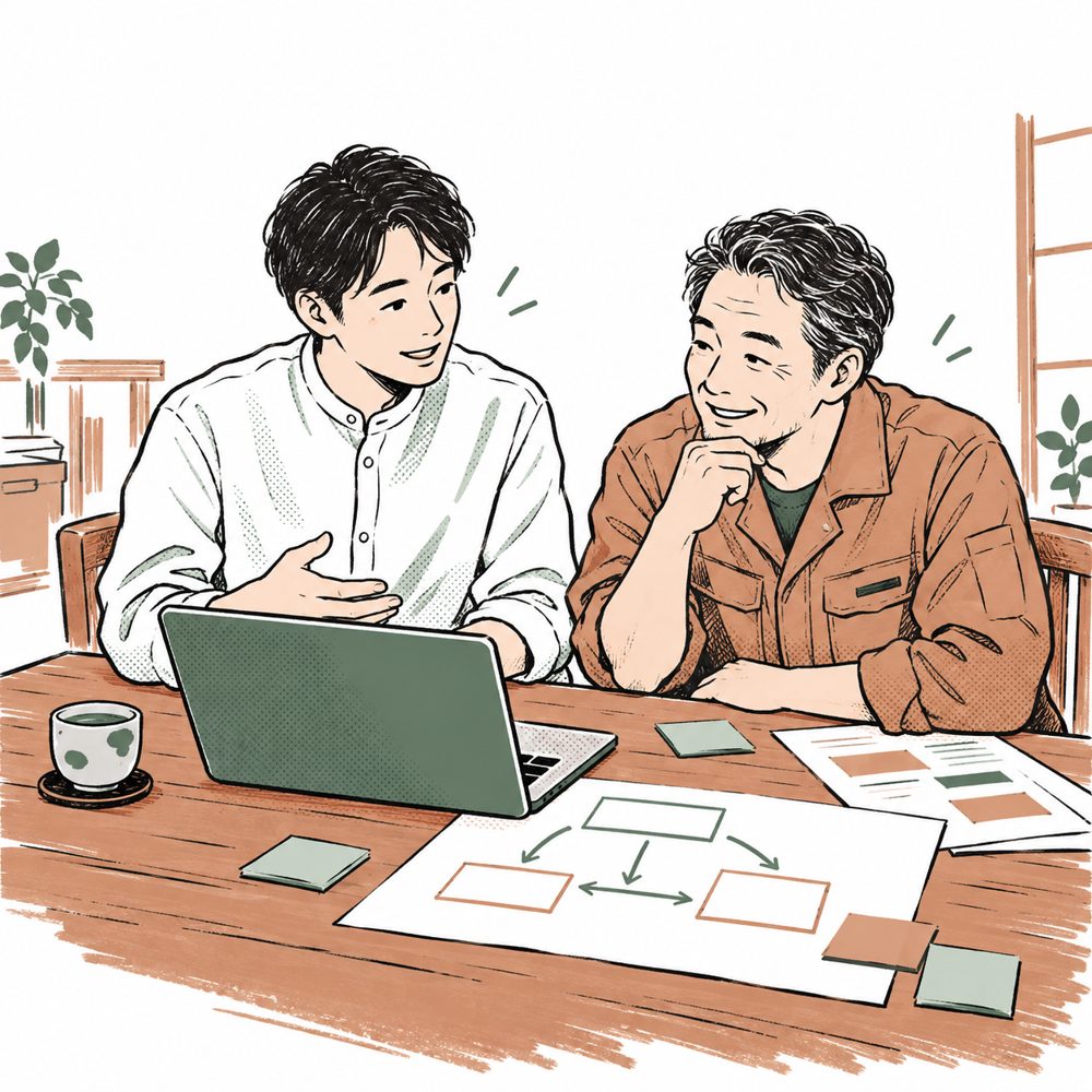 事務所のテーブルで、ノートパソコンと書類をはさんで社長と話しているイラスト