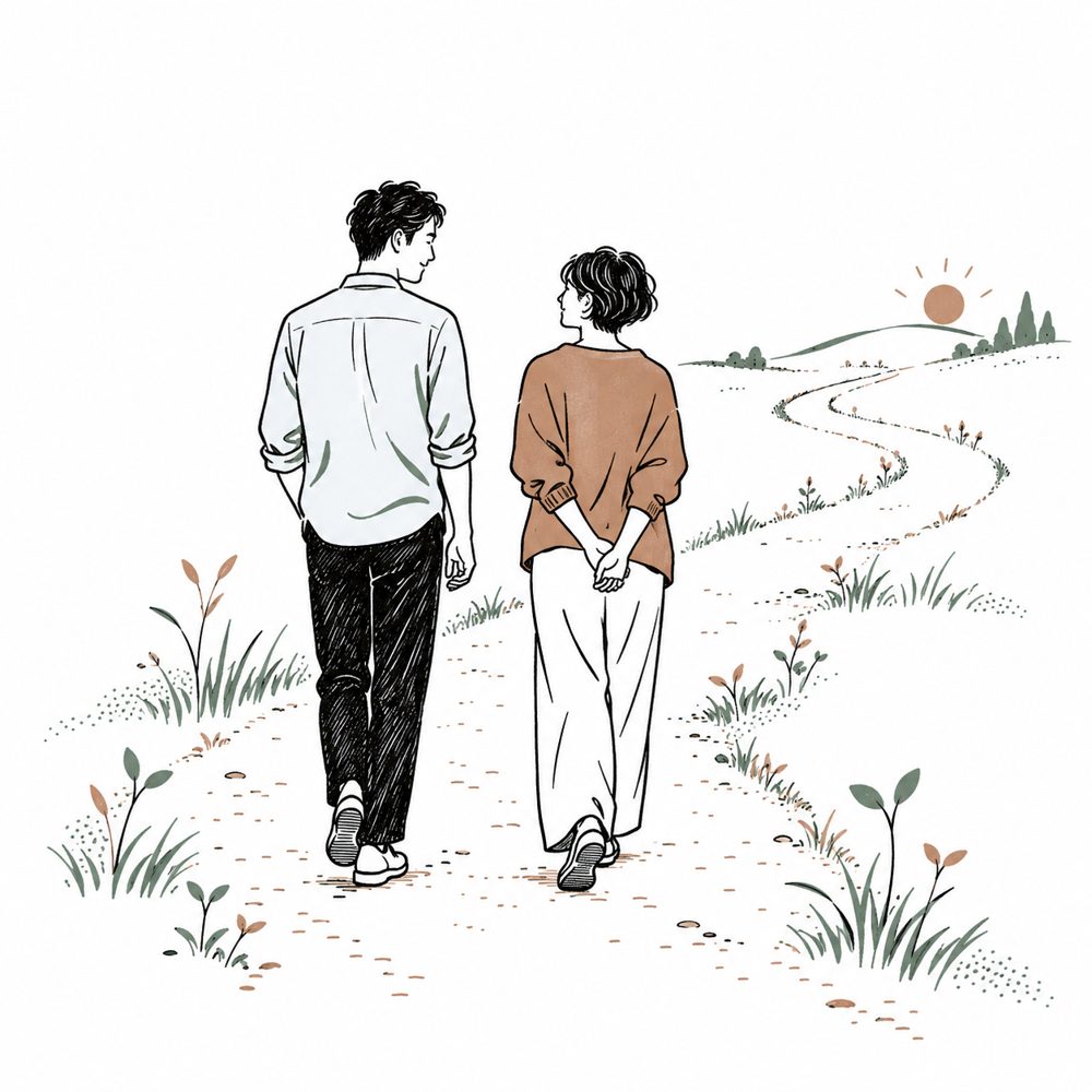 ふたりが並んで、遠くまで続く道をゆっくり歩いているイラスト