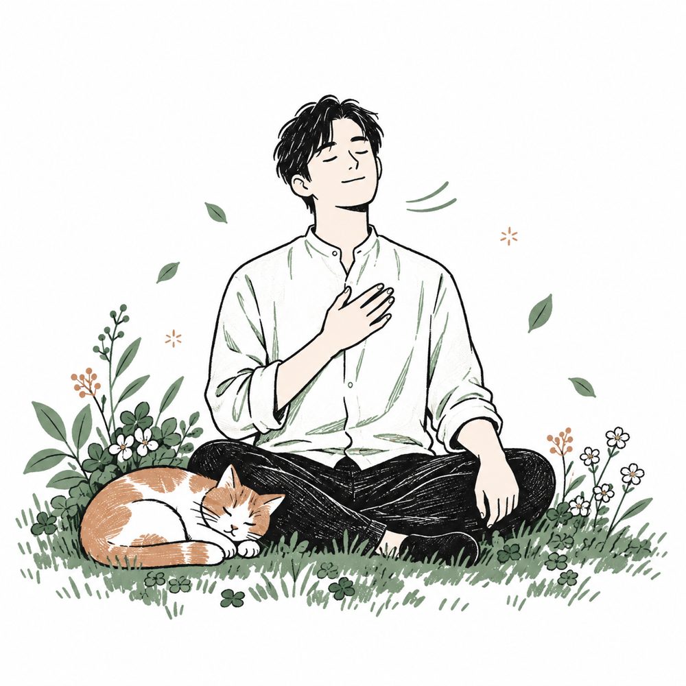 芝生に座り、胸に手を当てて深く息をする人と、そばで眠る猫のイラスト